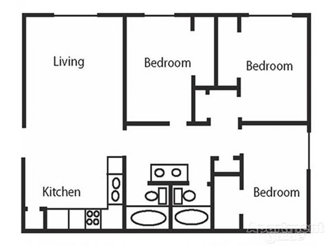 A black and white image of a floor plan for a small apartment.